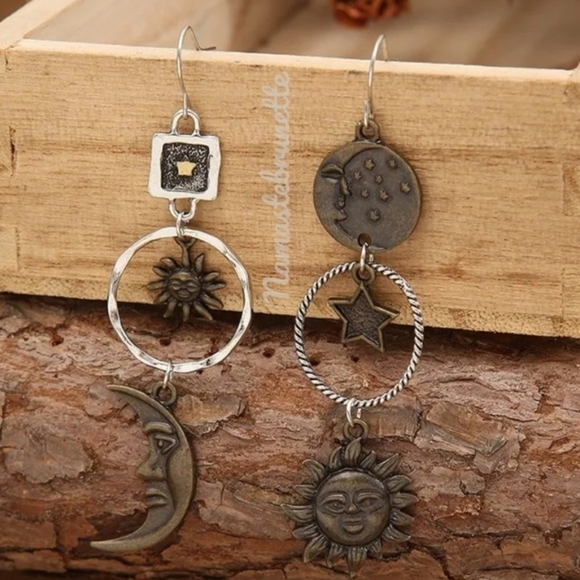 Metal Boho Celestial Sun Moon Star Dangle Earrings - Picture 9 of 17
